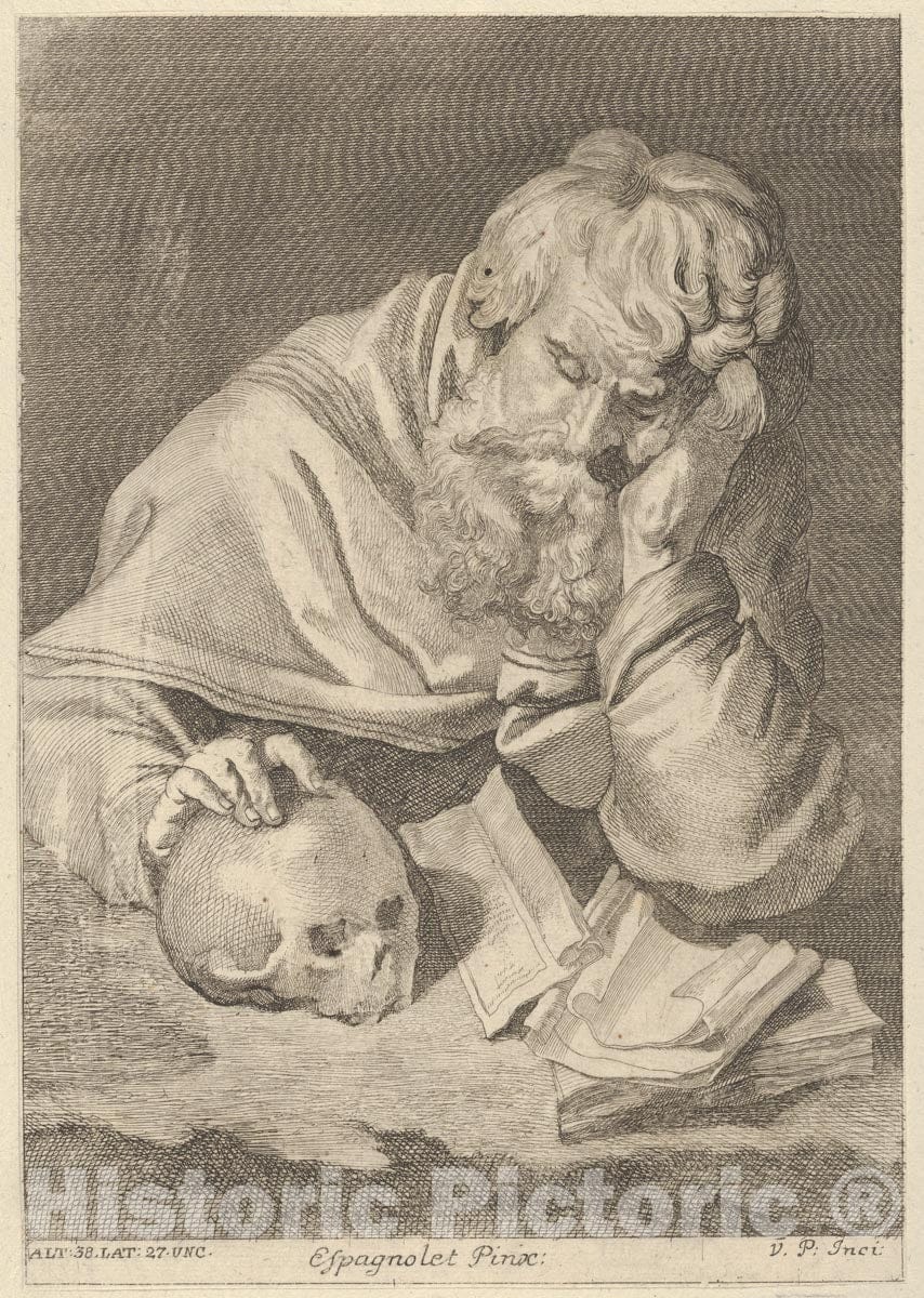 Art Print : A Saint Seated at a Table with his Right Hand Resting on a Skull - Artist: Jusepe de Ribera (Called Lo Spagnoletto) - Created: 1728 : Vintage Wall Art