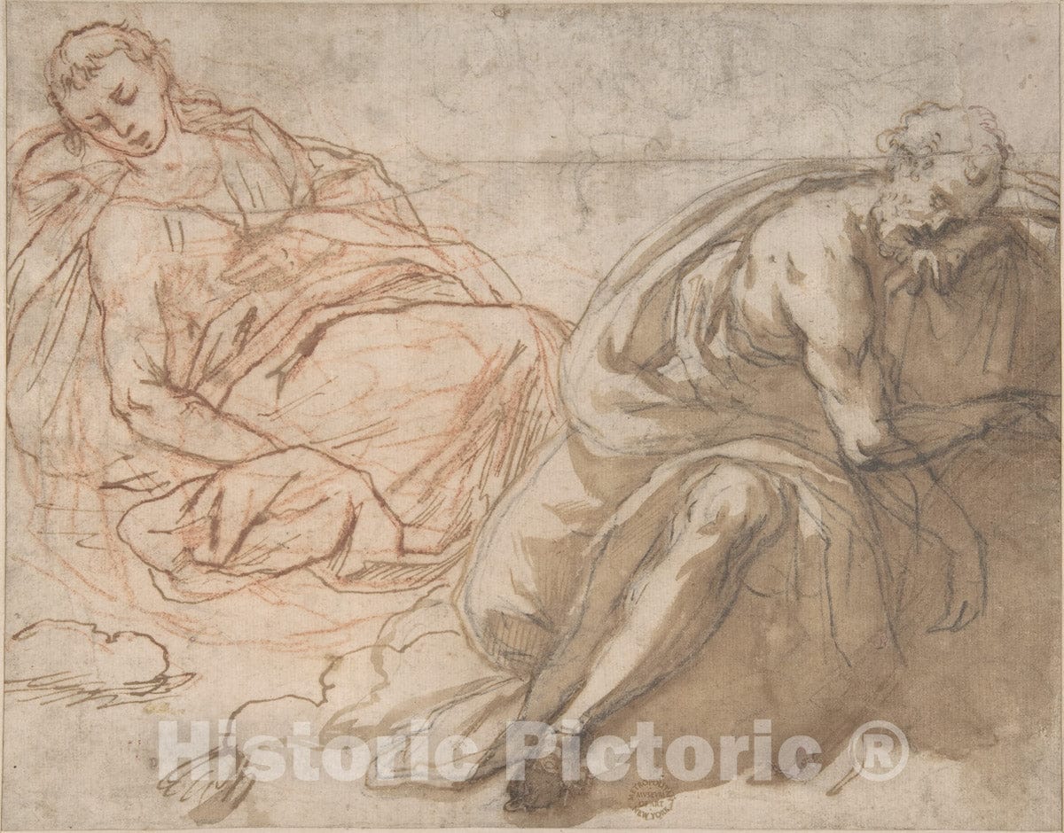 Art Print : Italian, Roman-Bolognese, 17th Century - Two Sleeping Figures : Vintage Wall Art