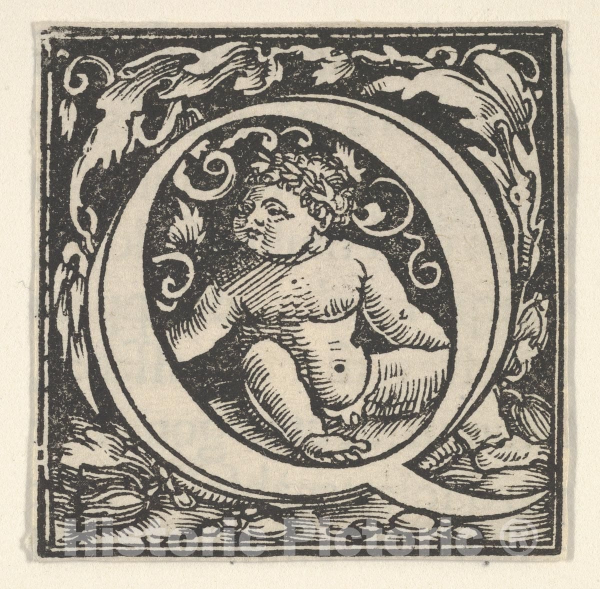 Art Print : Heinrich Vogtherr The Elder - Initial Letter Q with putto : Vintage Wall Art