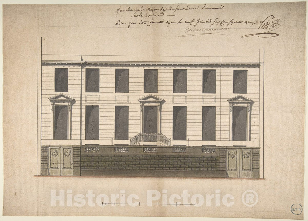 Art Print : Pierre-Jean-Baptiste Chaussard - Elevation for The Court Front of The Hotel de Duval Dumanoir on BLVD. Montmartre, Paris : Vintage Wall Art