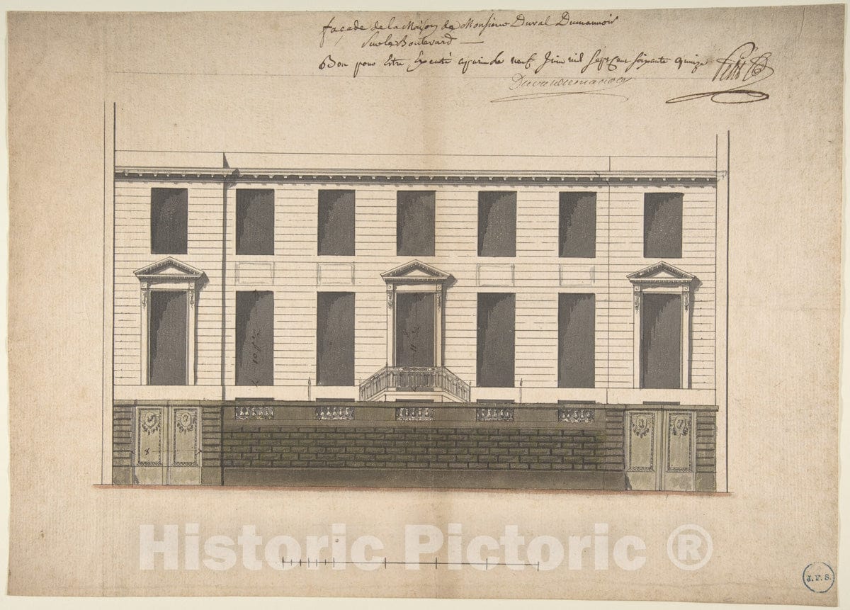 Art Print : Pierre-Jean-Baptiste Chaussard - Elevation for The Court Front of The Hotel de Duval Dumanoir on BLVD. Montmartre, Paris : Vintage Wall Art