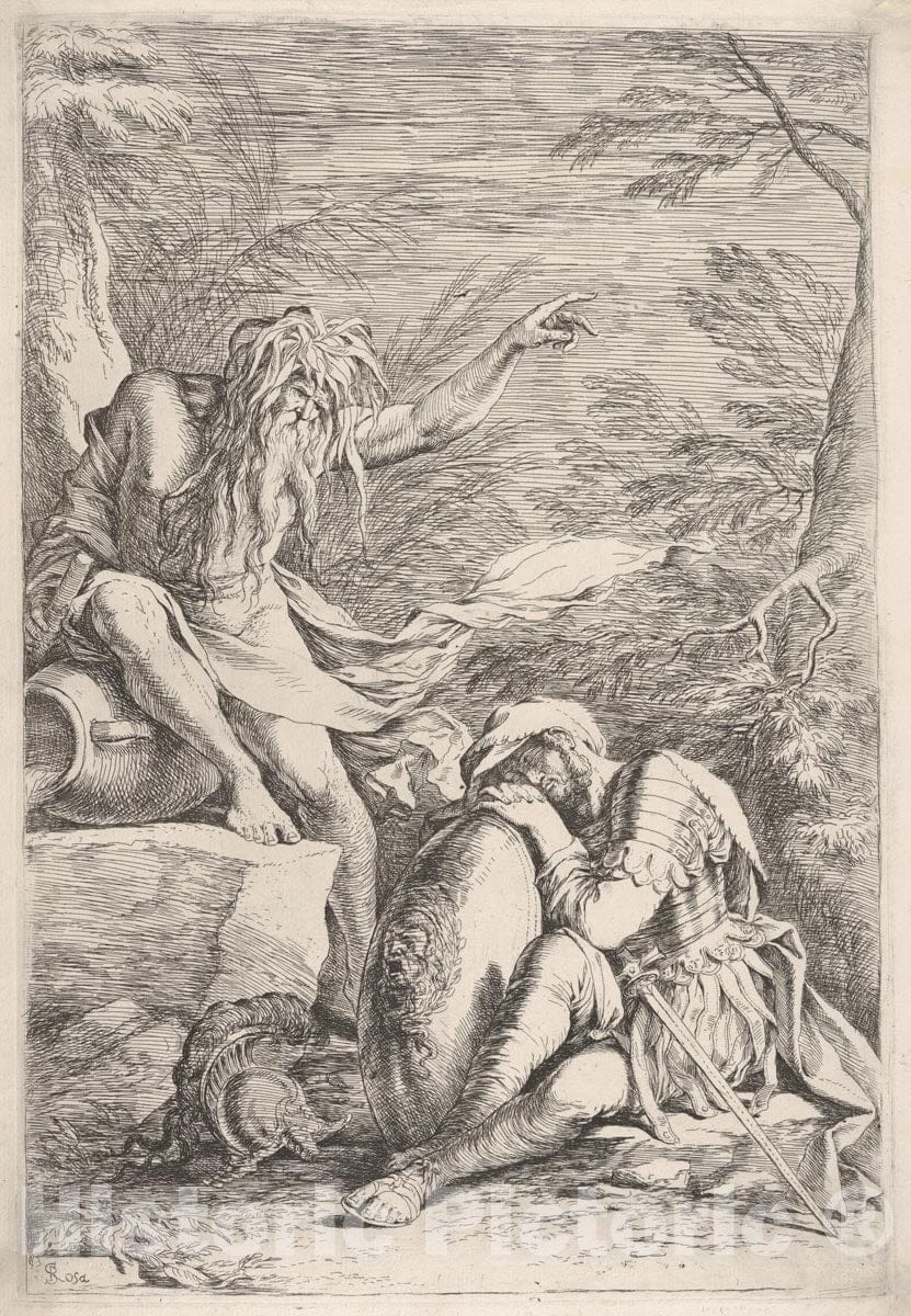 Art Print : Salvator Rosa - Dream of Aeneas, Aeneas Rests on his Shield, While The River god Tiber Points Upward : Vintage Wall Art