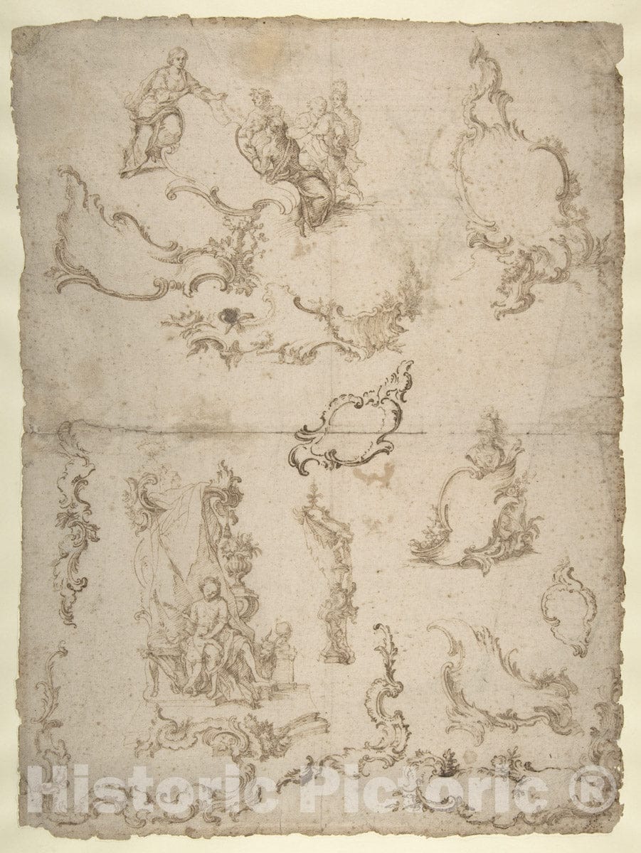 Art Print : Italian, North Italy, 18th Century - Studies for Figural Groups and Ornament (Recto); Design for a Baptismal Font (Verso) : Vintage Wall Art