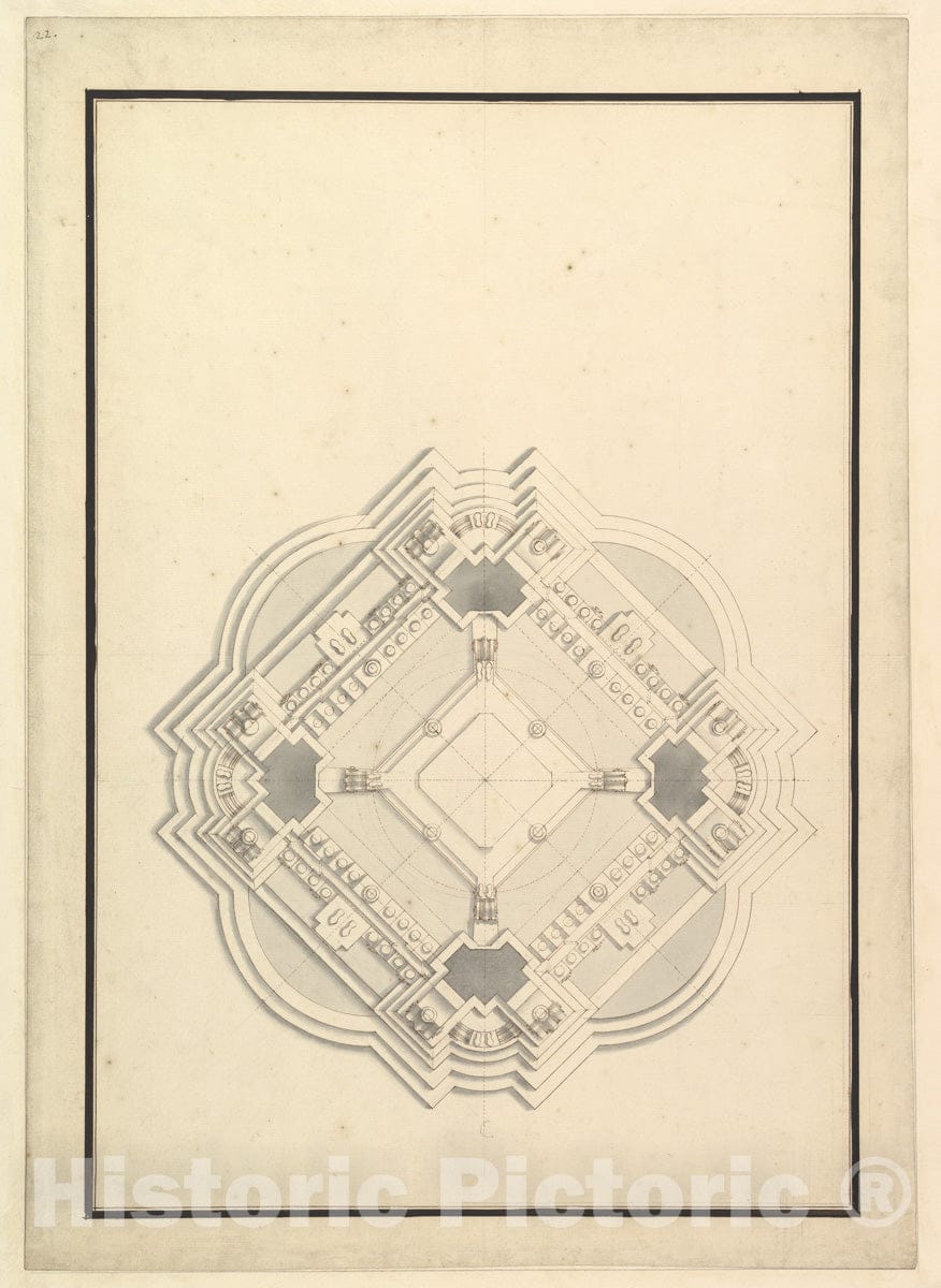 Art Print : Workshop of Giuseppe Galli Bibiena - Ground Plan for a Catafalque for Louis I, King of Spain (reigned only a Few Months, Died 1724) : Vintage Wall Art