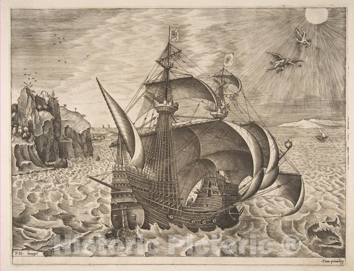 Art Print : Pieter Bruegel The Elder - Armed Three-Master with Daedalus and Icarus in The Sky from The Sailing Vessels : Vintage Wall Art