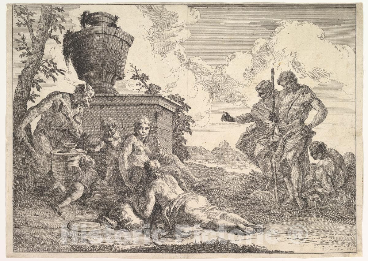Art Print : Francesco Fontebasso - Satyr with Club and Seven Figures, from Bacchanals and Histories : Vintage Wall Art