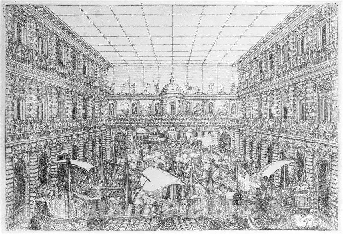 Art Print : Naumachia in The Court of Palazzo Pitti - Artist: Bernardo Buontalenti (Bernardo Delle Girandole) - Created: 1589–1592 : Vintage Wall Art