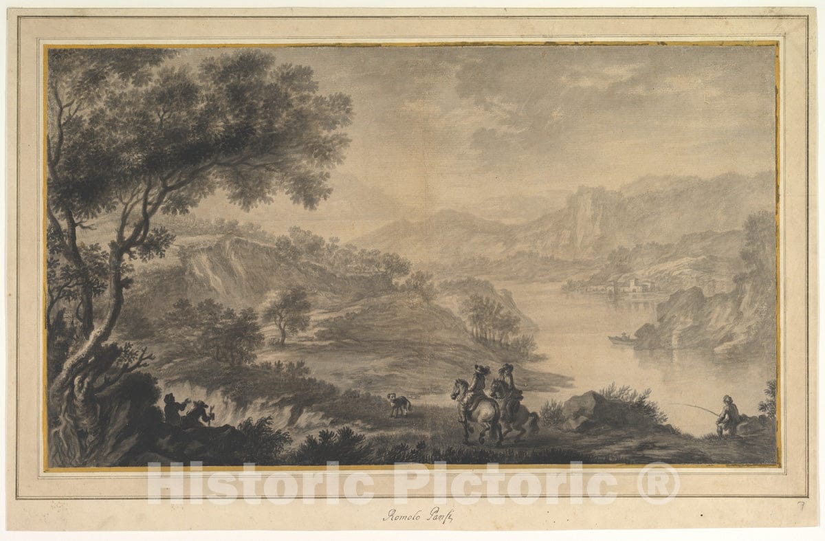 Art Print : Romolo Panfi - Hilly Landscape with Two Cavaliers and Other Figures in The Foreground : Vintage Wall Art