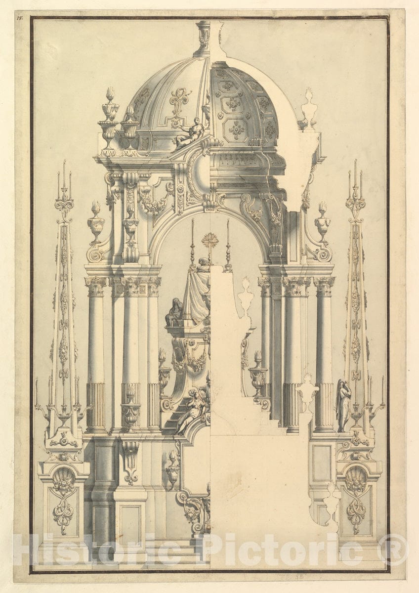 Art Print : Workshop of Giuseppe Galli Bibiena - Elevation and Section of The Catafalque for Anna Cristina, Wife of Carlo Emanuele III of Savoy : Vintage Wall Art