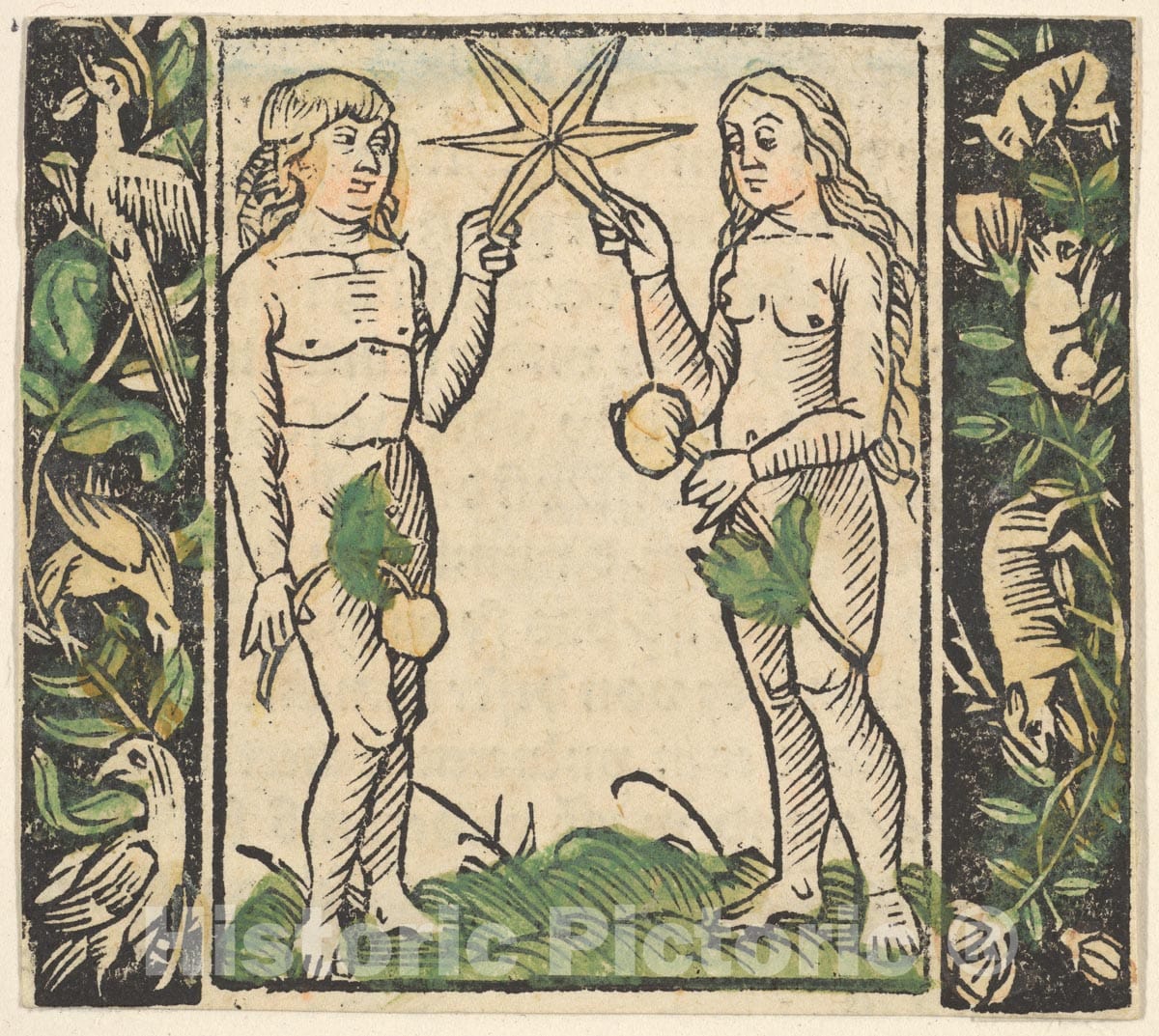 Art Print : Hans Baldung (Called Hans Baldung Grien) - Adam and Eve Holding a Star, Illustration from Beschlossen Gart des Rosenkranz Mariae : Vintage Wall Art