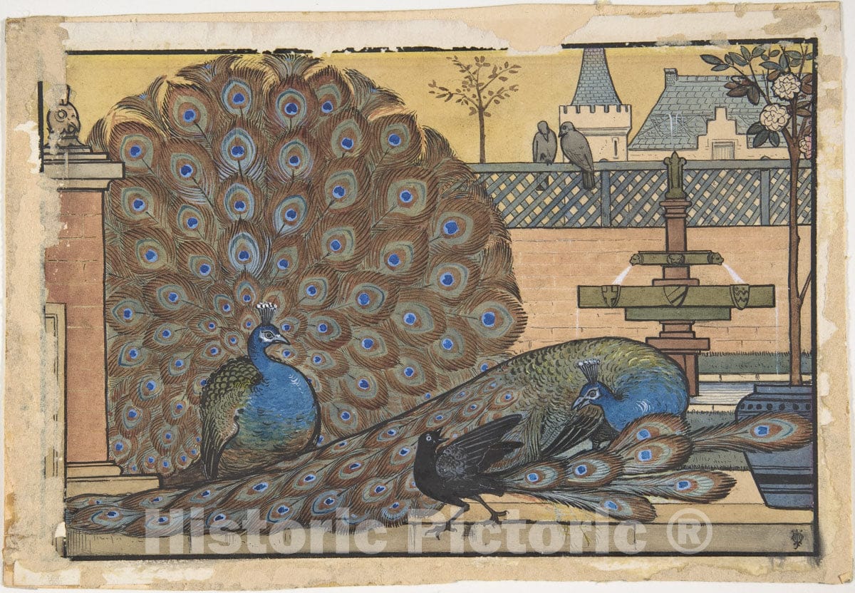 Art Print : Walter J. Morgan - Design for a Tile: Peacocks in a Garden : Vintage Wall Art
