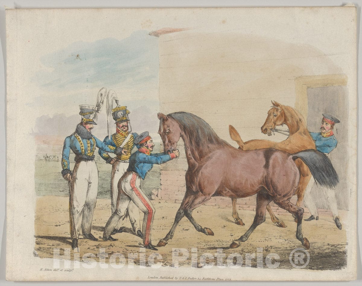 Art Print : Henry Thomas Alken - Two Soldiers of a Cavalry Unit, with Horses and Grooms : Vintage Wall Art
