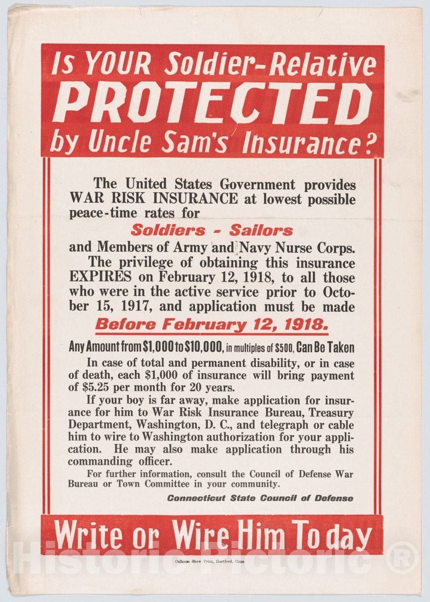 Art Print : Connecticut State Council of Defense - is Your Soldier-Relative Protected by Uncle Sam's Insurance? : Vintage Wall Art