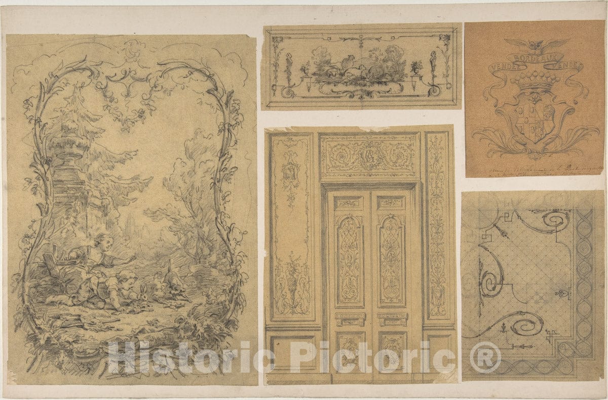 Art Print : Eugène-Pierre Gourdet - Five Miscellaneous Designs for The de la Rochejaquelein Family : Vintage Wall Art