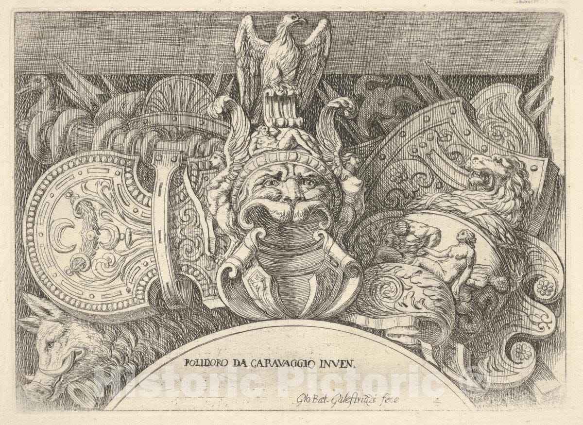 Art Print : Giovanni Battista Galestruzzi - Plate 4: Trophies of Roman arms from ations Above The Windows on The Second Floor of The Palazzo Milesi in Rome : Vintage Wall Art
