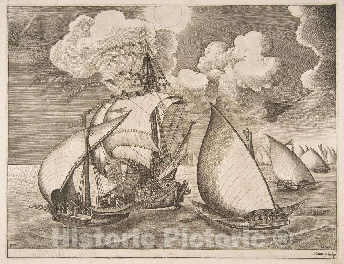 Art Print : Pieter Bruegel The Elder - Fleet of Galleys Escorted by a Caravel from The Sailing Vessels : Vintage Wall Art