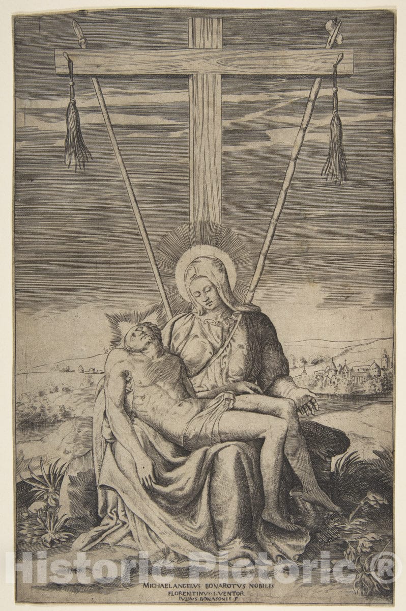 Art Print : Giulio Bonasone - Pieta Under The Cross of Golgatha : Vintage Wall Art
