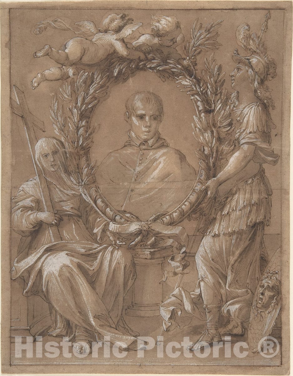 Art Print : Italian, 17th Century - Portrait of an Ecclesiastic Flanked by a Female Saint and Athena : Vintage Wall Art