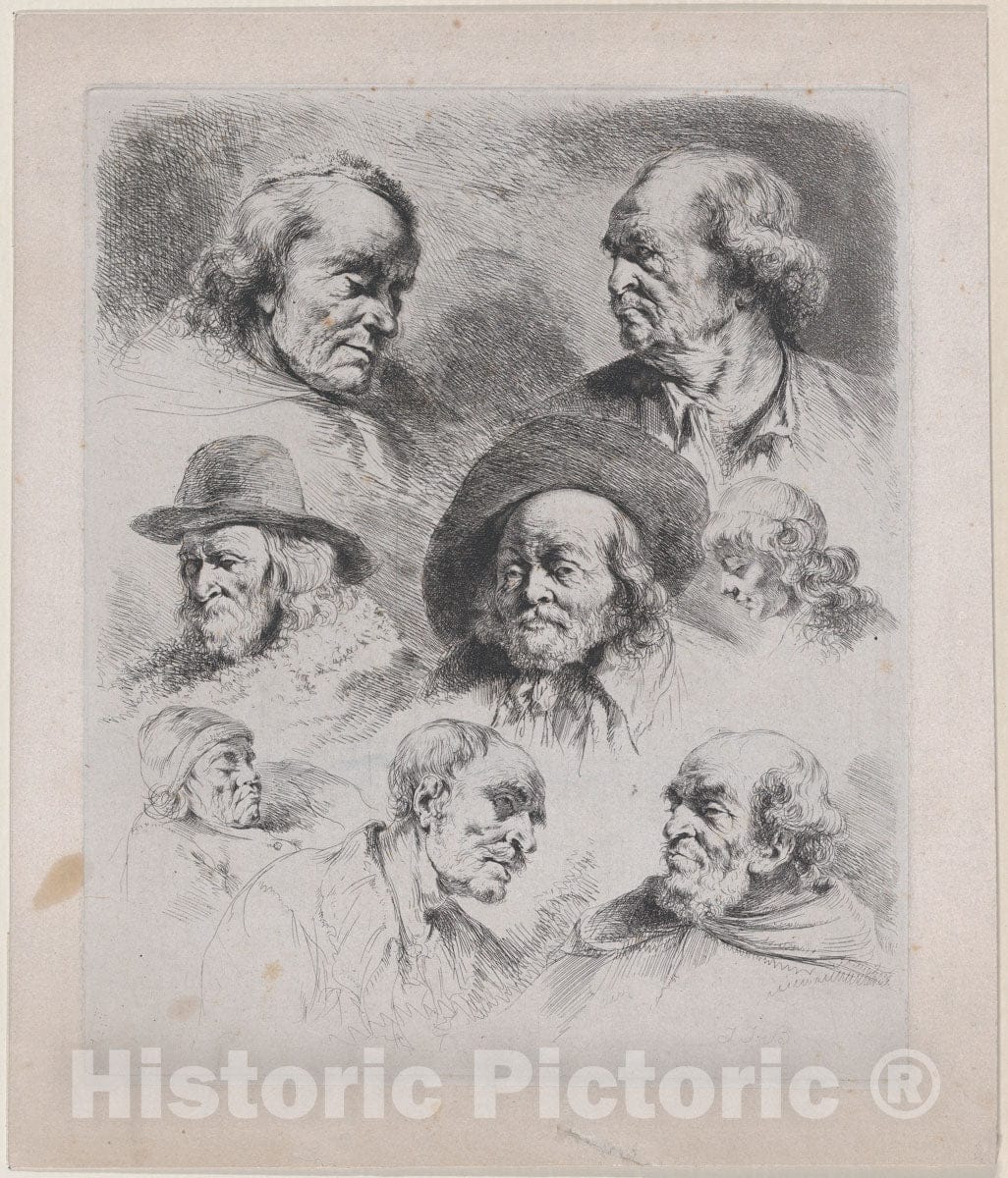 Art Print : Jean Jacques de Boissieu - Study of Eight Heads : Vintage Wall Art