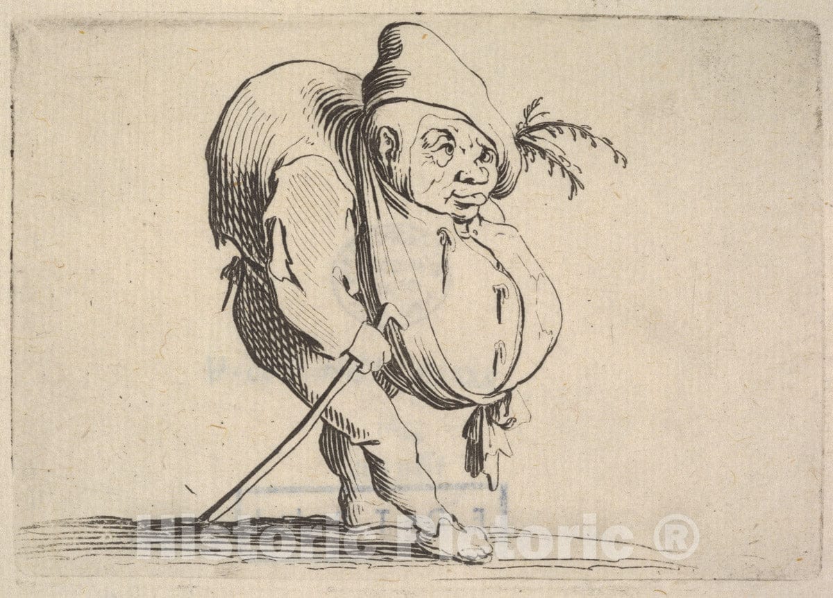Art Print : Small Figure Striding Forward with Cane and bulging Abdomen - Artist: Jacques Callot - Created: c1621 : Vintage Wall Art