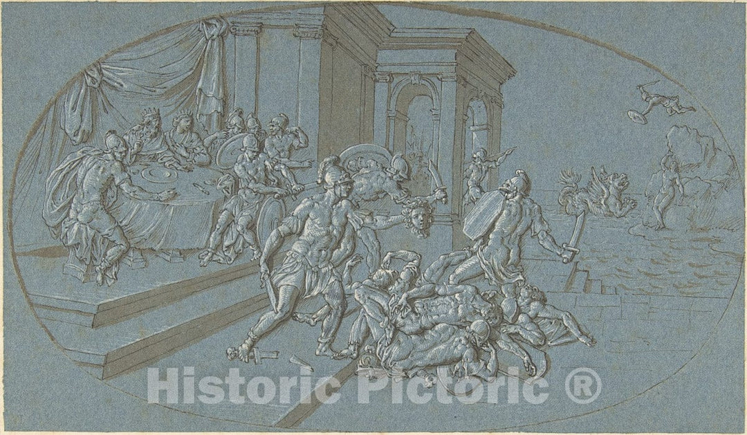 Art Print : Circle of Bernard Picart - Fight Between Perseus and Phineus in The Palace of Cephus : Vintage Wall Art