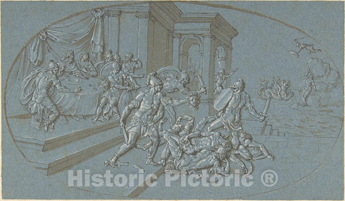 Art Print : Circle of Bernard Picart - Fight Between Perseus and Phineus in The Palace of Cephus : Vintage Wall Art