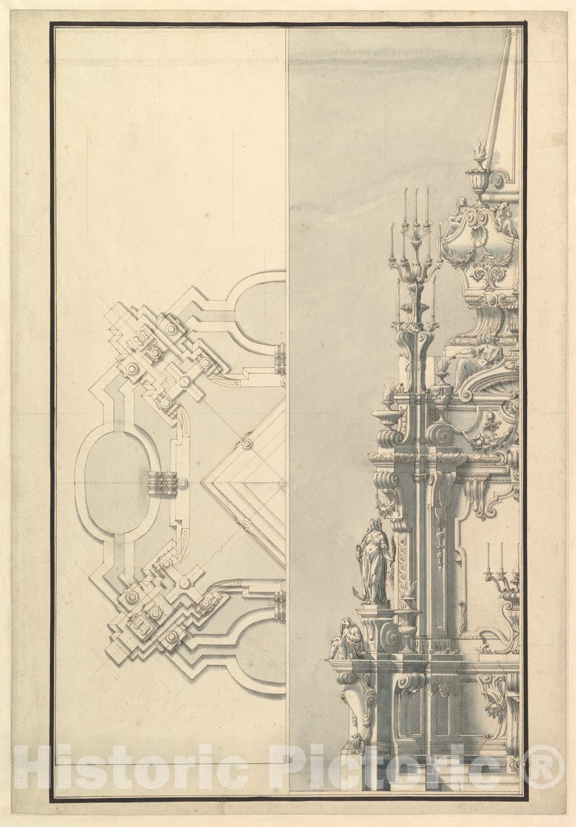 Art Print : Workshop of Giuseppe Galli Bibiena - Half Ground Plan and Half Elevation for a Catafalque for a Queen of Sardinia : Vintage Wall Art