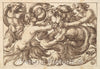 Art Print : Anonymous, Italian, Venetian, 17th Century - Horizontal Panel Design with Four Male Figures Fighting a Lion : Vintage Wall Art