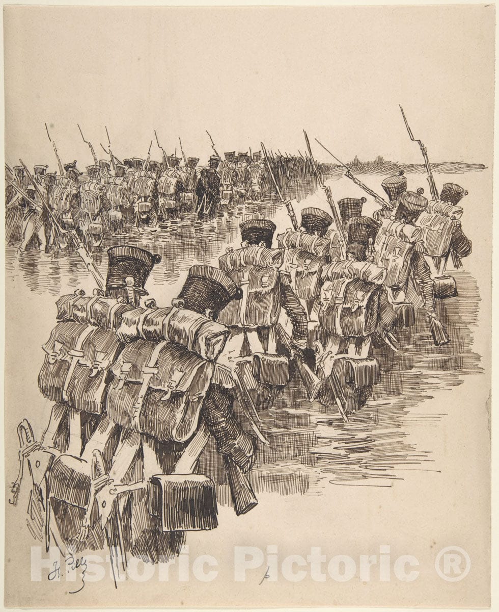 Art Print : Charles-Henri Pille - Soldiers Marching in Water : Vintage Wall Art
