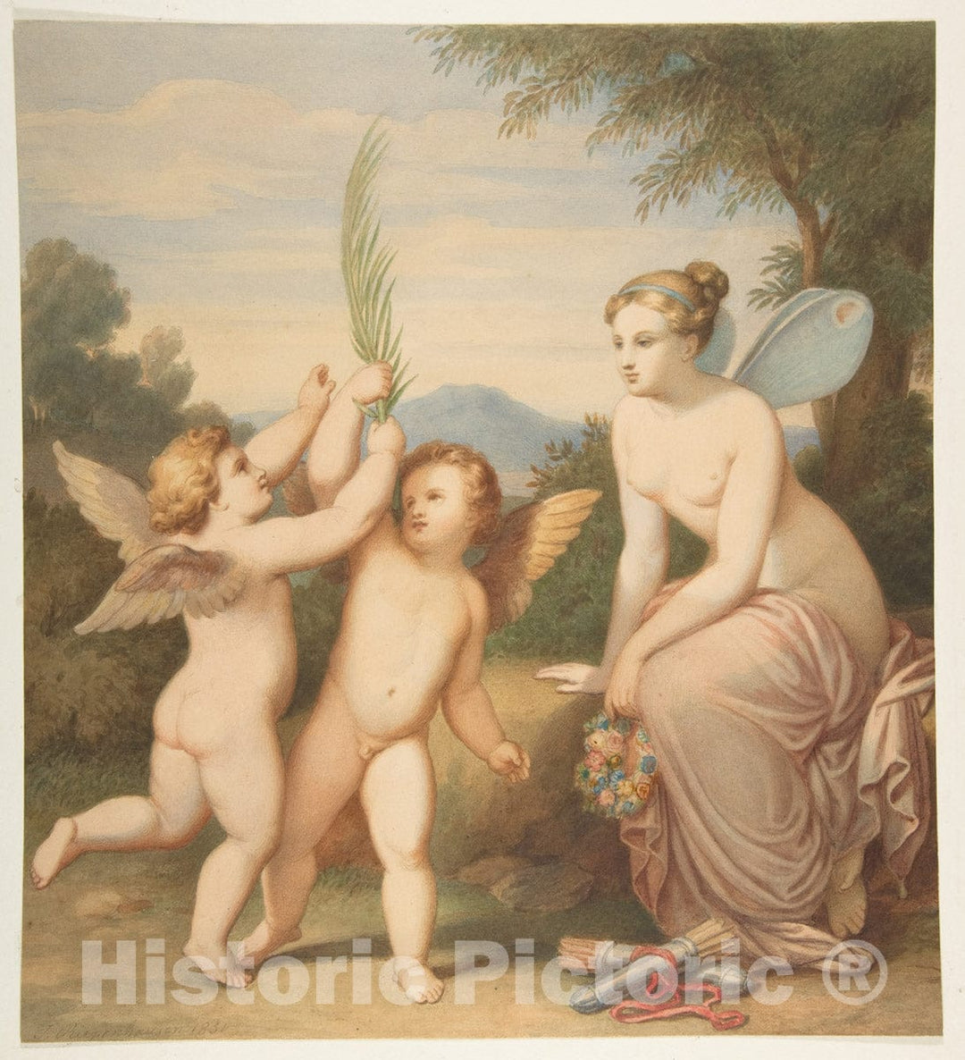 Art Print : Johannes Riepenhausen - Eros and Anteros with Psyche Looking at Them : Vintage Wall Art