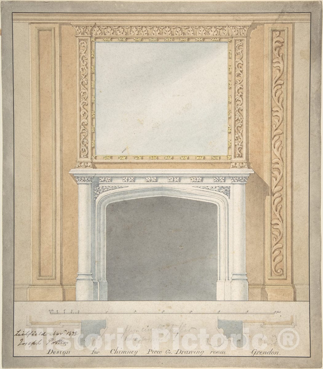 Art Print : Joseph Potter - Design for a Chimney Piece in a Jacobethan Style, for The Drawingroom at Grendon Hall, Warwickshire : Vintage Wall Art