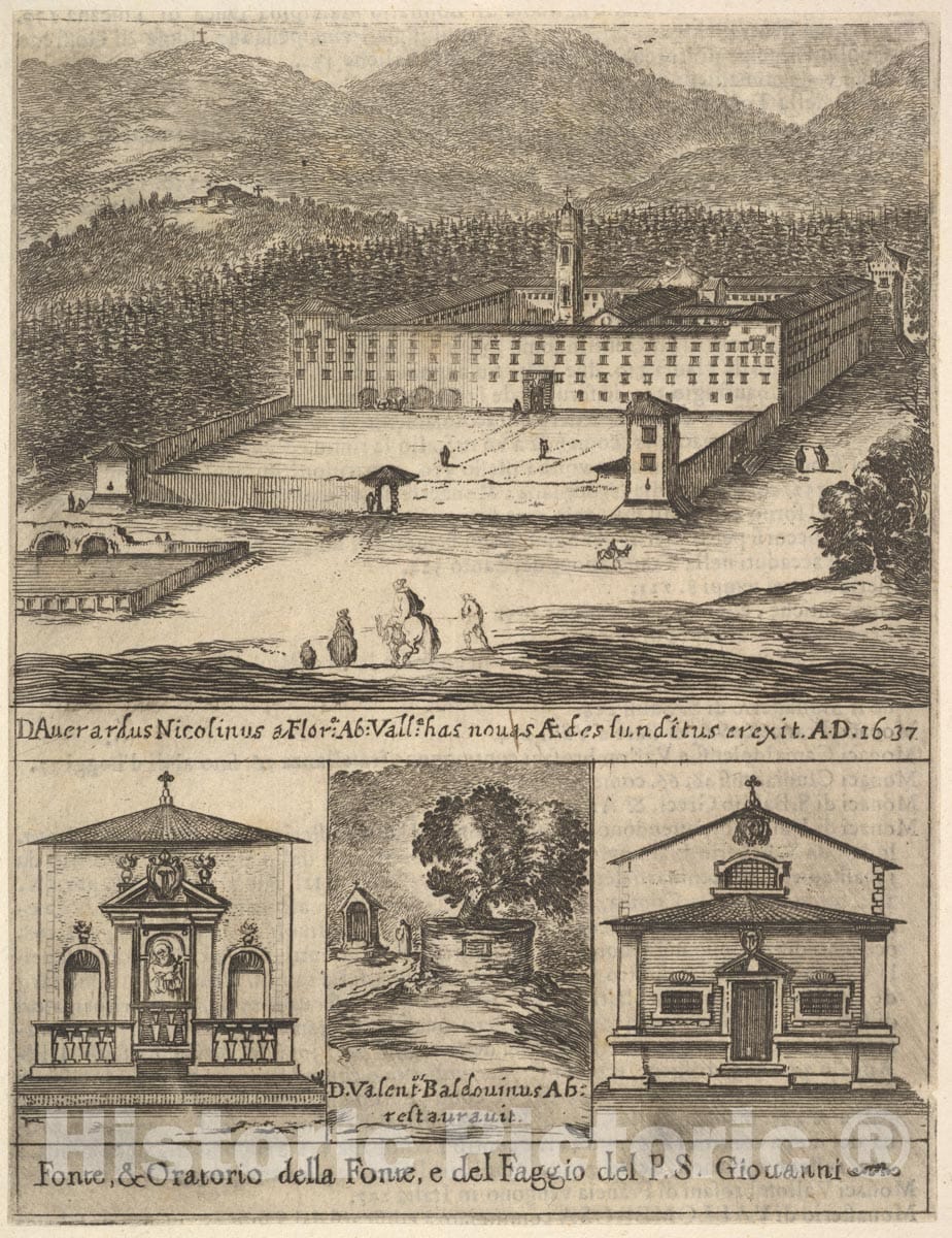 Art Print : Four Views: at top, a View of The New Monastery of Vallombrosa - Artist: Stefano Della Bella - Created: 1640 : Vintage Wall Art