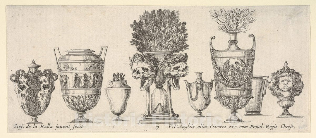 Art Print : Eight vases - Artist: Stefano Della Bella - Created: c1650 1 : Vintage Wall Art