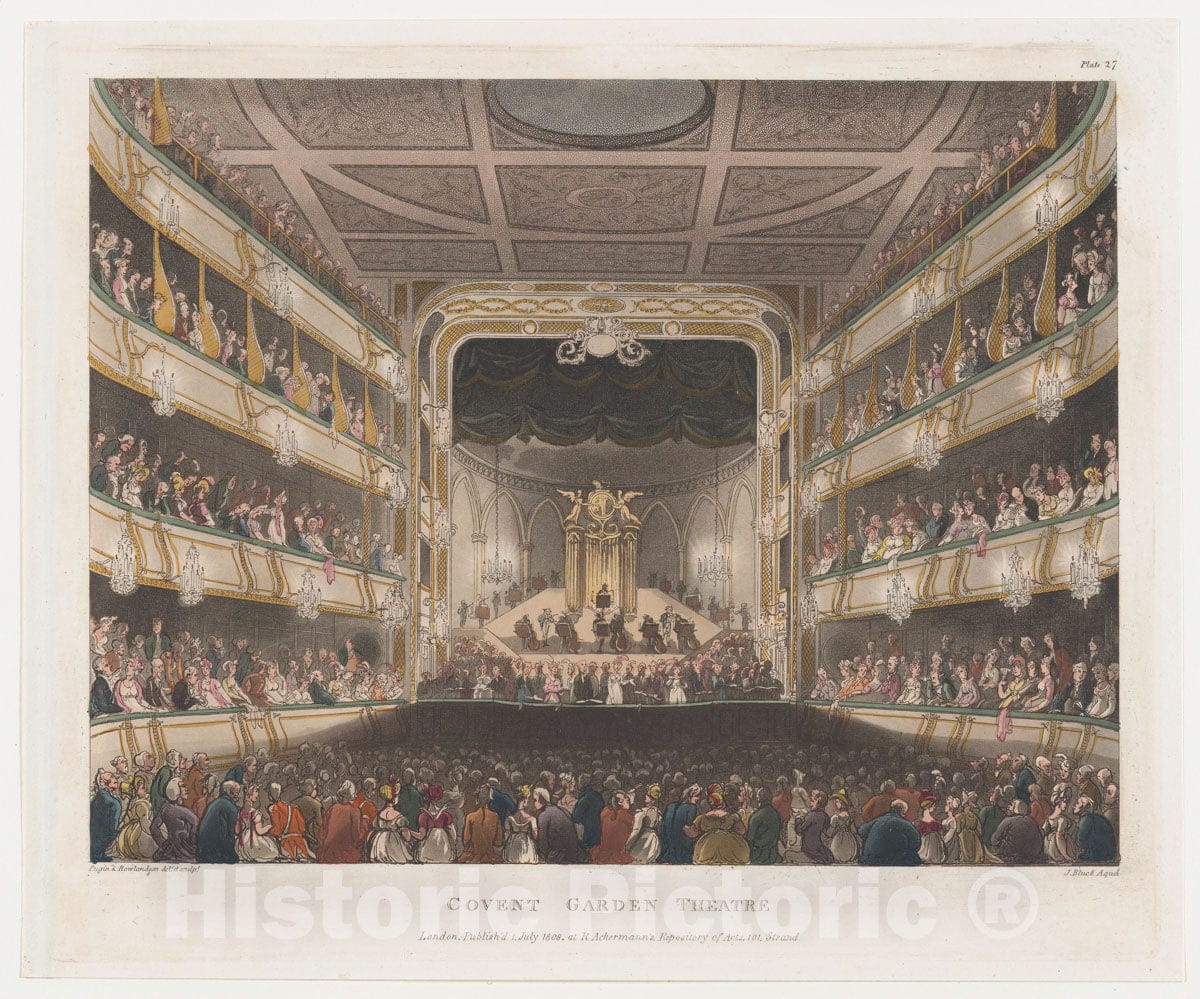Art Print : Designed and Etched by Thomas Rowlandson - Covent Garden Theatre (Microcosm of London, Plate 27) : Vintage Wall Art