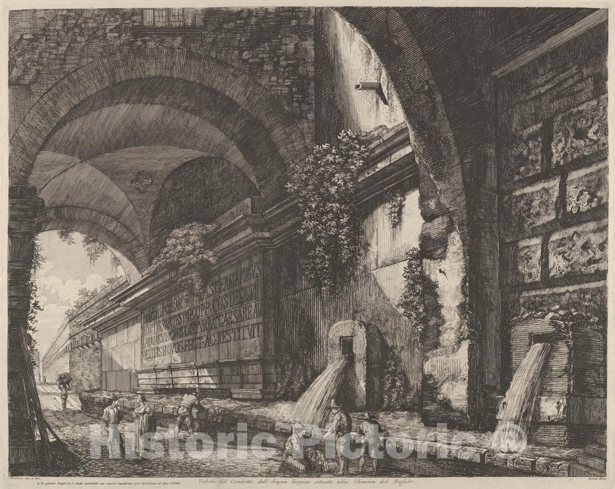 Art Print : Luigi Rossini - View of The Ancient aquaduct and Fountains situated Near The Chiavica del Bufalo in Rome : Vintage Wall Art