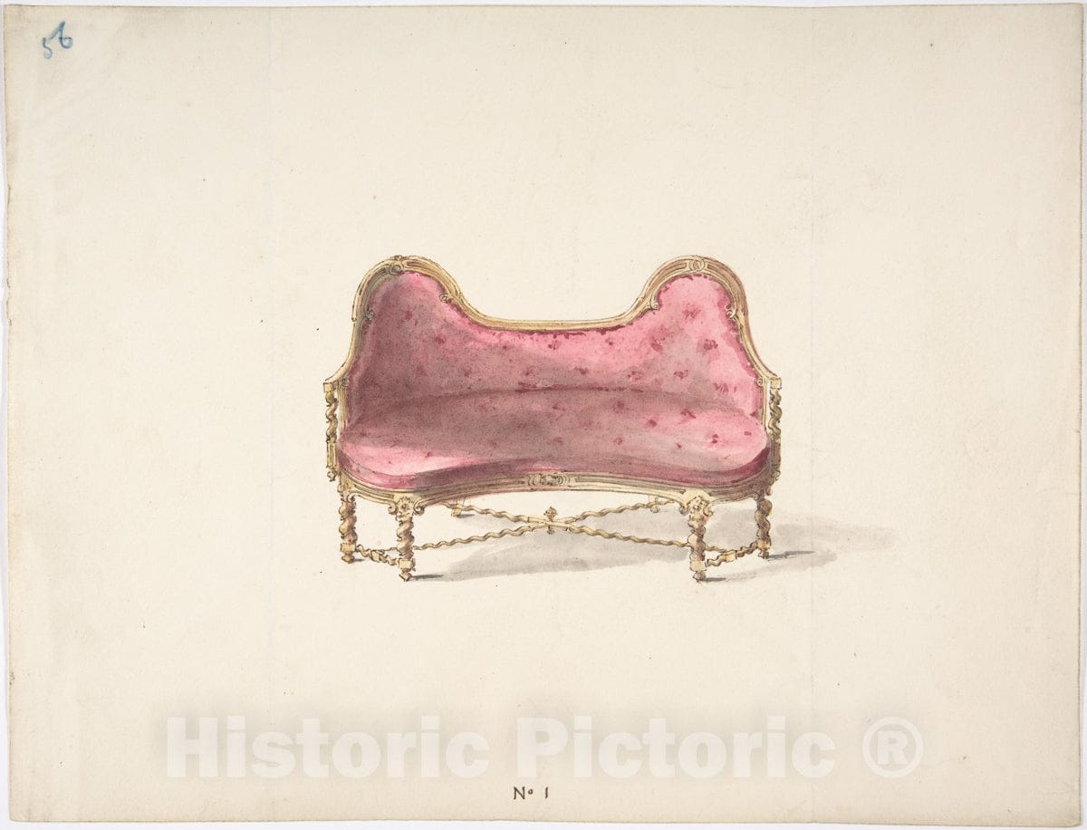 Art Print : British, 19th Century - Design for a Double Hump-Backed Sofa with Turned Legs and Arms, with Red Tufted Upholstery : Vintage Wall Art
