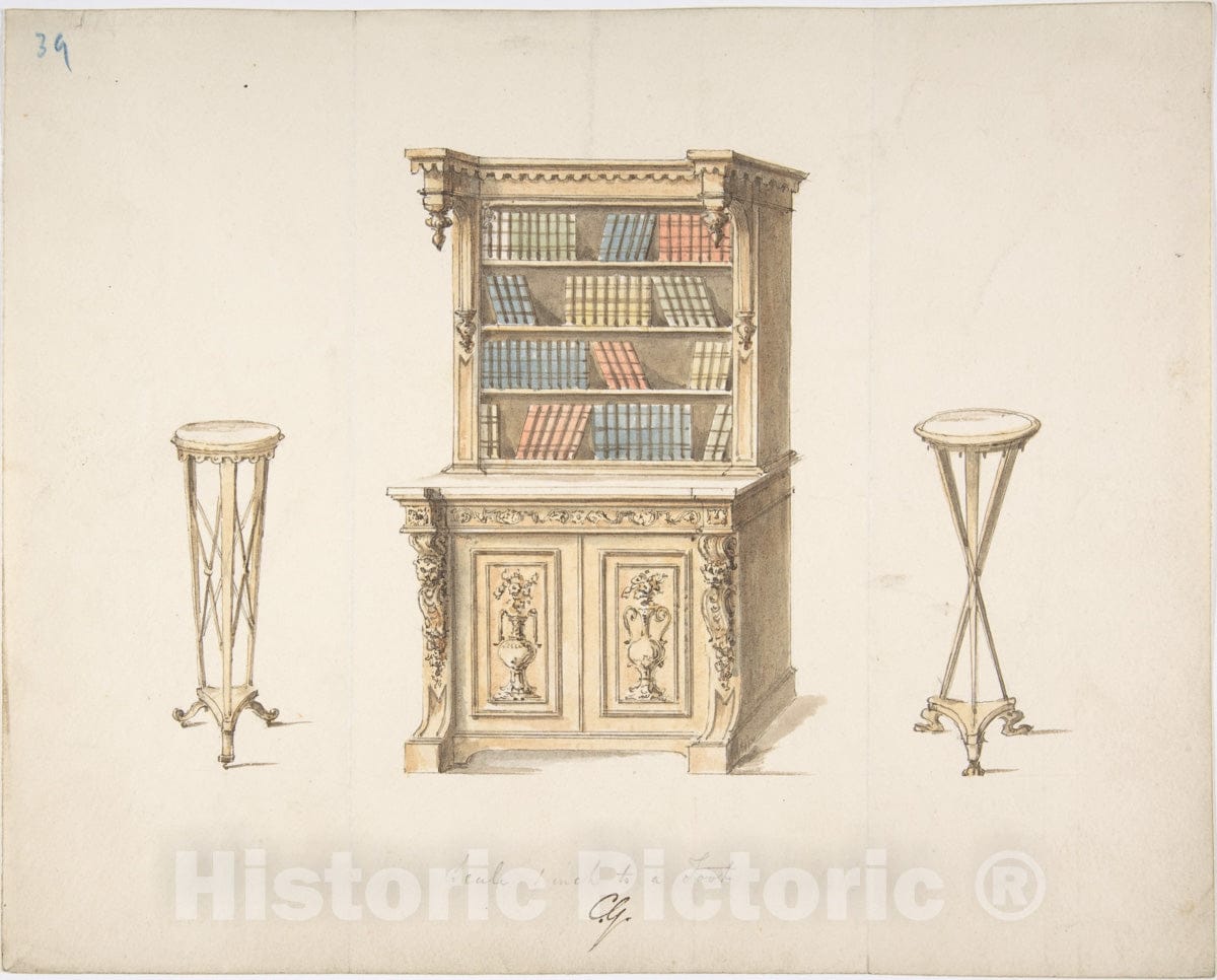 Art Print : British, 19th Century - Design for a Bookcabinet and Two Pedestals : Vintage Wall Art