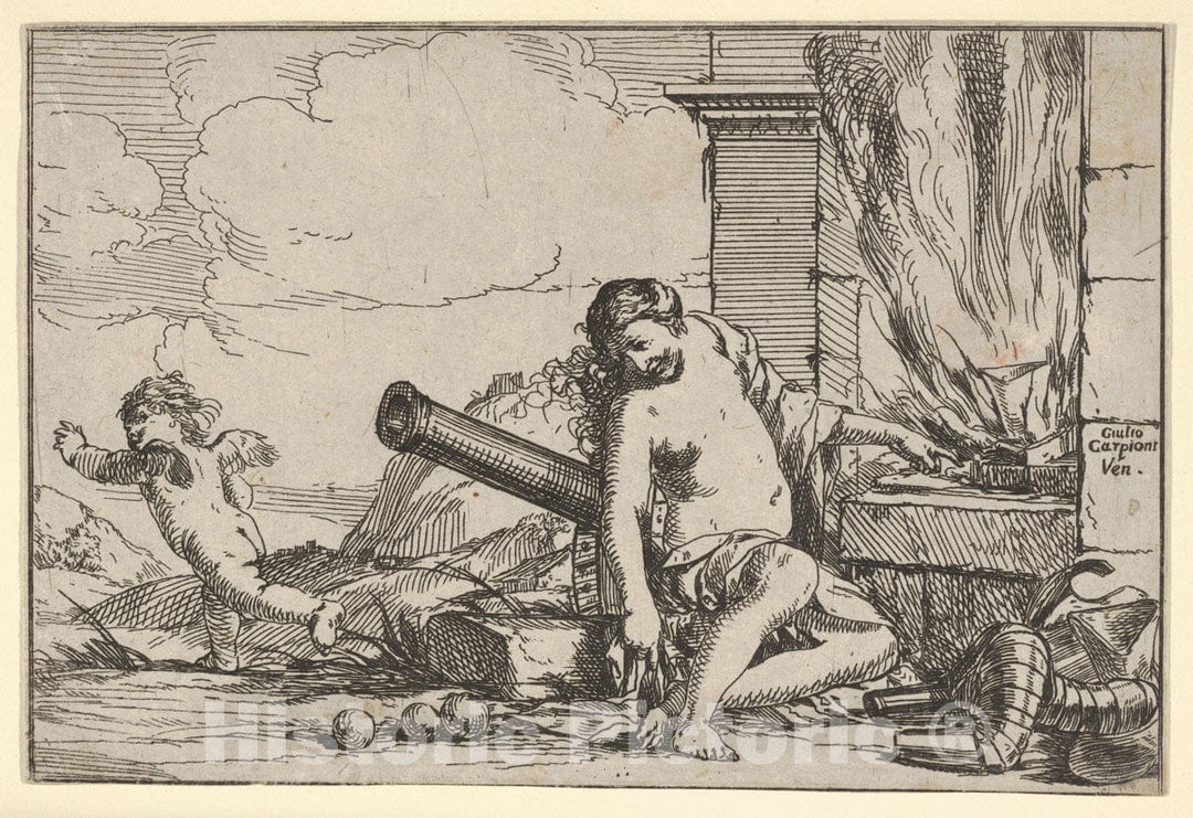 Art Print : Fire, Represented by Venus Seated Before Vulcan's Forge - Artist: Giulio Carpioni - Created: c1625 : Vintage Wall Art