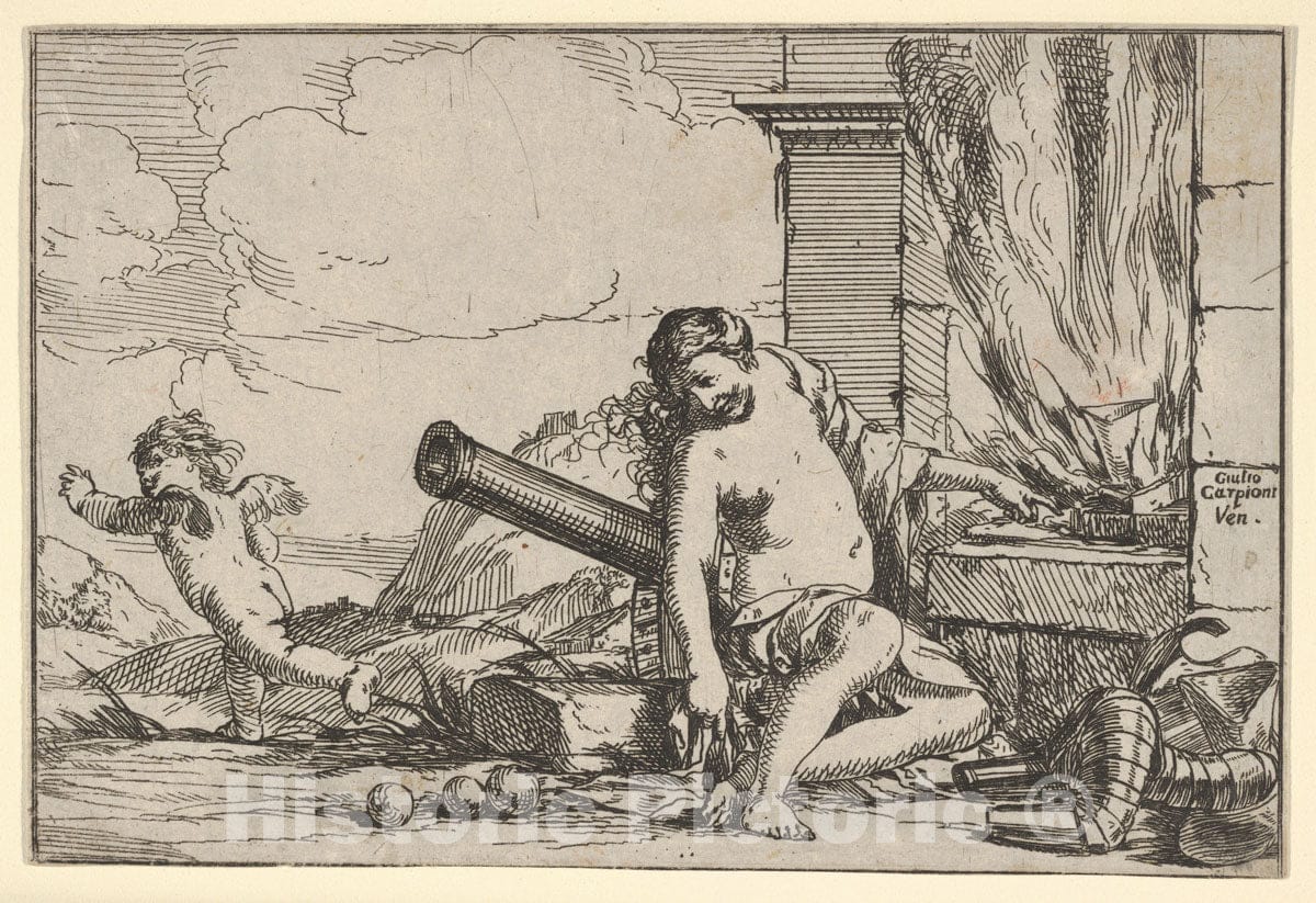 Art Print : Fire, Represented by Venus Seated Before Vulcan's Forge - Artist: Giulio Carpioni - Created: c1625 : Vintage Wall Art
