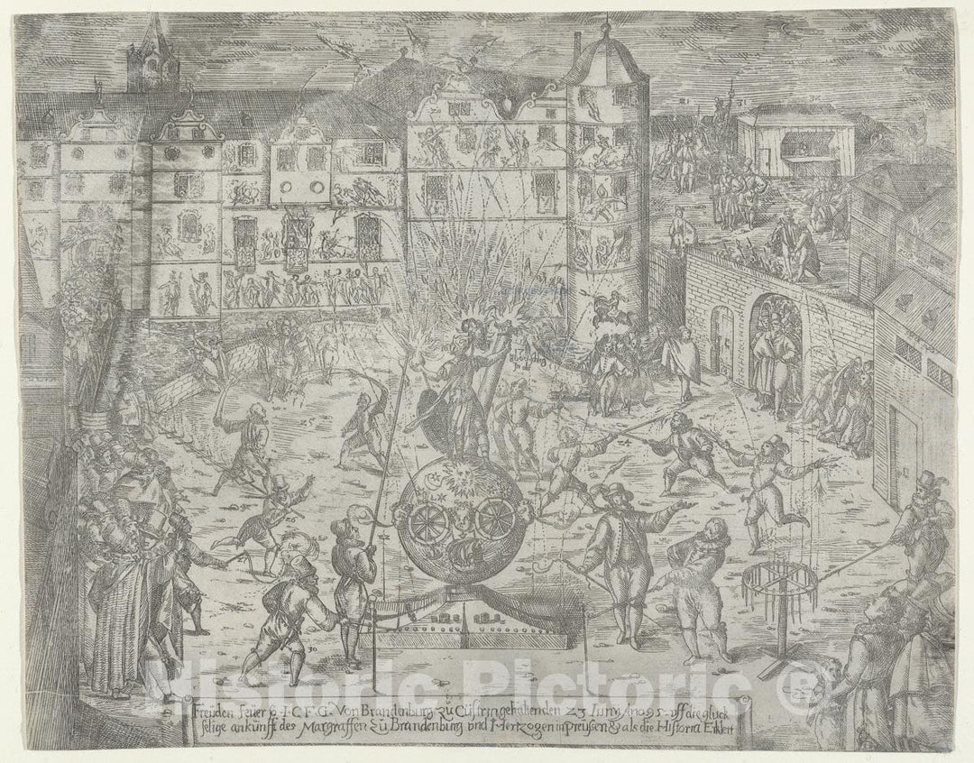 Art Print : Possibly by Georg Keller - Fireworks on June 23, 1595, for The Entry to Küstrin of The Margrave of Brandenburg and Duchess of Prussia : Vintage Wall Art