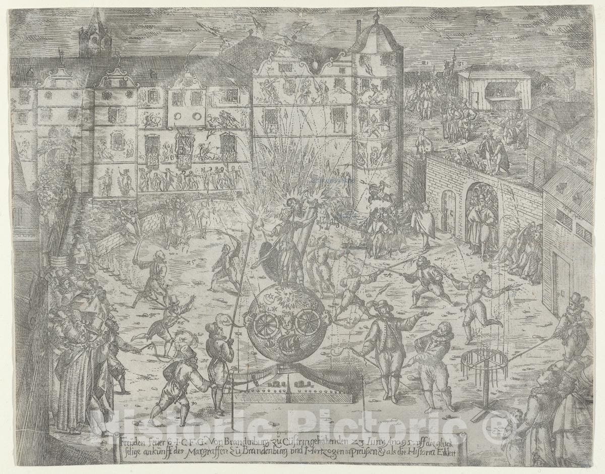 Art Print : Possibly by Georg Keller - Fireworks on June 23, 1595, for The Entry to Küstrin of The Margrave of Brandenburg and Duchess of Prussia : Vintage Wall Art