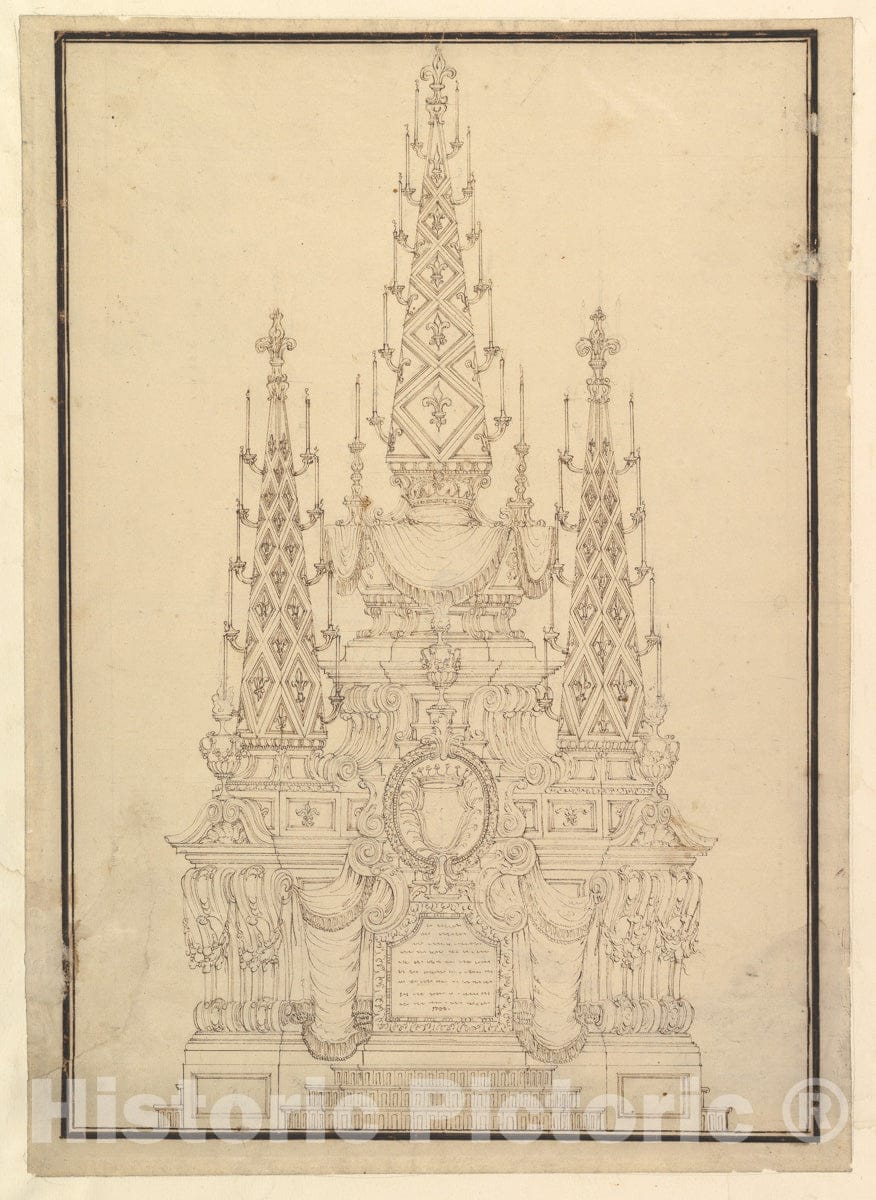 Art Print : Workshop of Giuseppe Galli Bibiena - Elevation of a Catafalque, Three Obelisks with Fluer-de-LYS and Candles, Dated on Plaque at Bottom 1733. : Vintage Wall Art