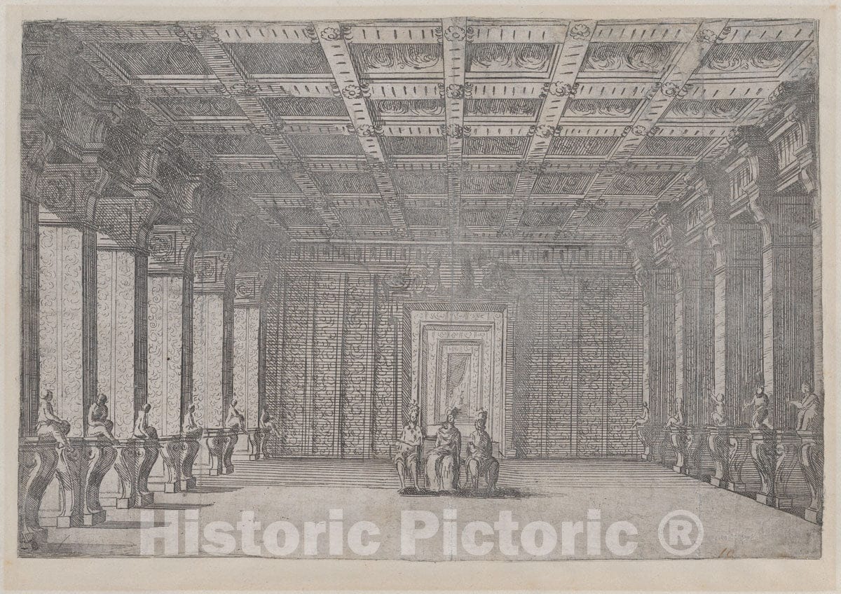 Art Print : Theatrical Scene with Three Figures Seated in The Middle of a Room - Artist: Ludovico Ottaviano Burnacini - Created: c1650 : Vintage Wall Art