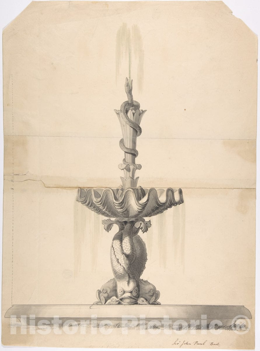 Art Print : Design for a Fountain with a Shell Basin Supported by Three Dolphins and Surmounted by a Snake Spouting Water - Artist: Anonymous - mid-19th Century : Vintage Wall Art