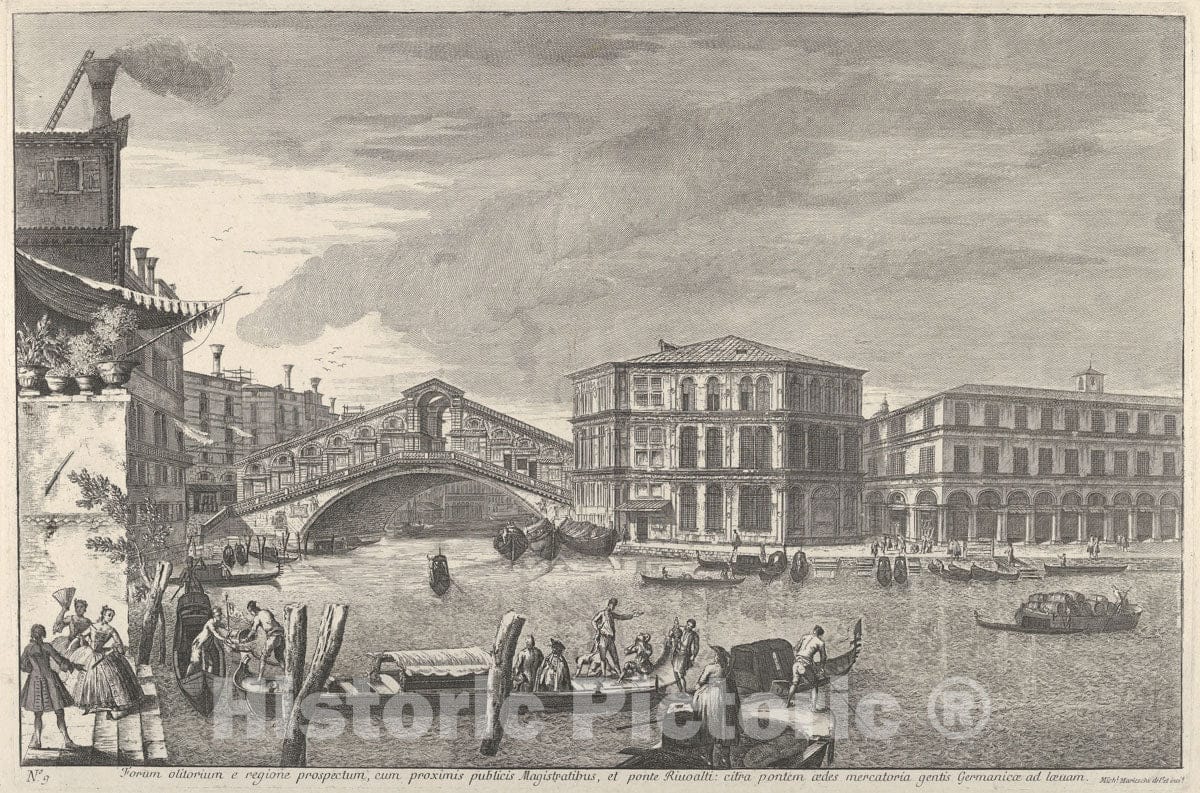 Art Print : Michele Marieschi - Plate 9: The Bridge and Market of The Rialto, Venice : Vintage Wall Art
