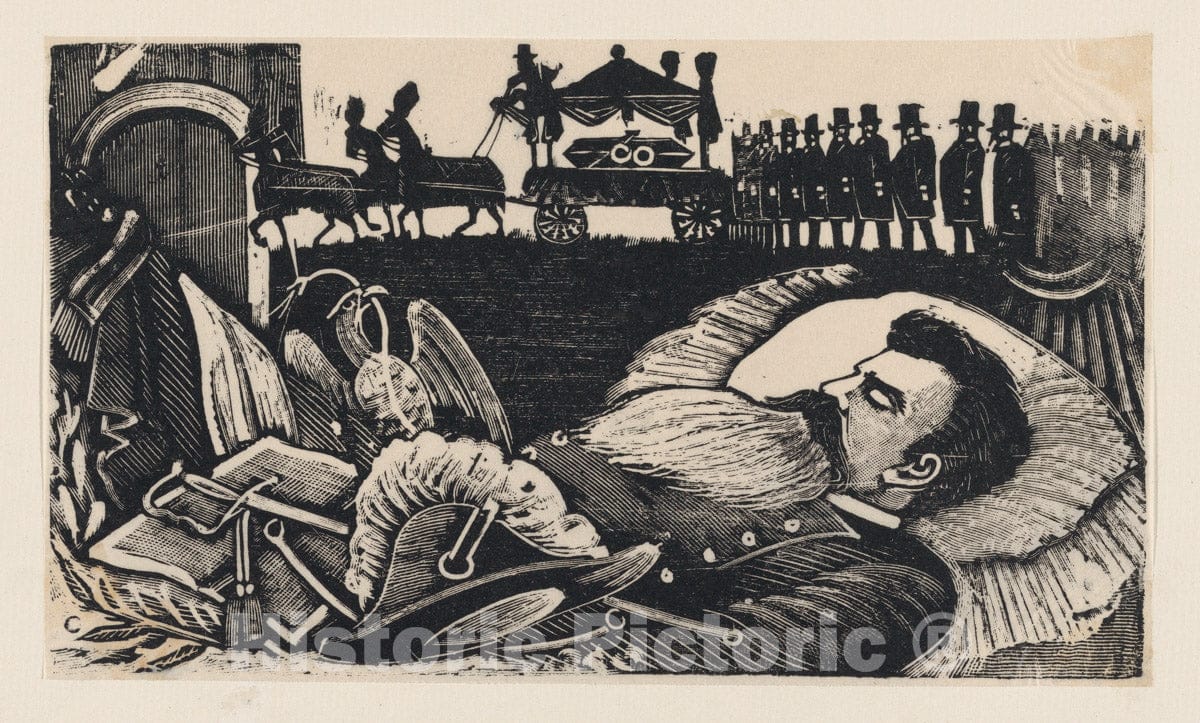 Art Print : A Man Lying on his Deathbed with a Funeral Cortege in The Background - Artist: Jose Guadalupe Posada - Created: 1893 : Vintage Wall Art