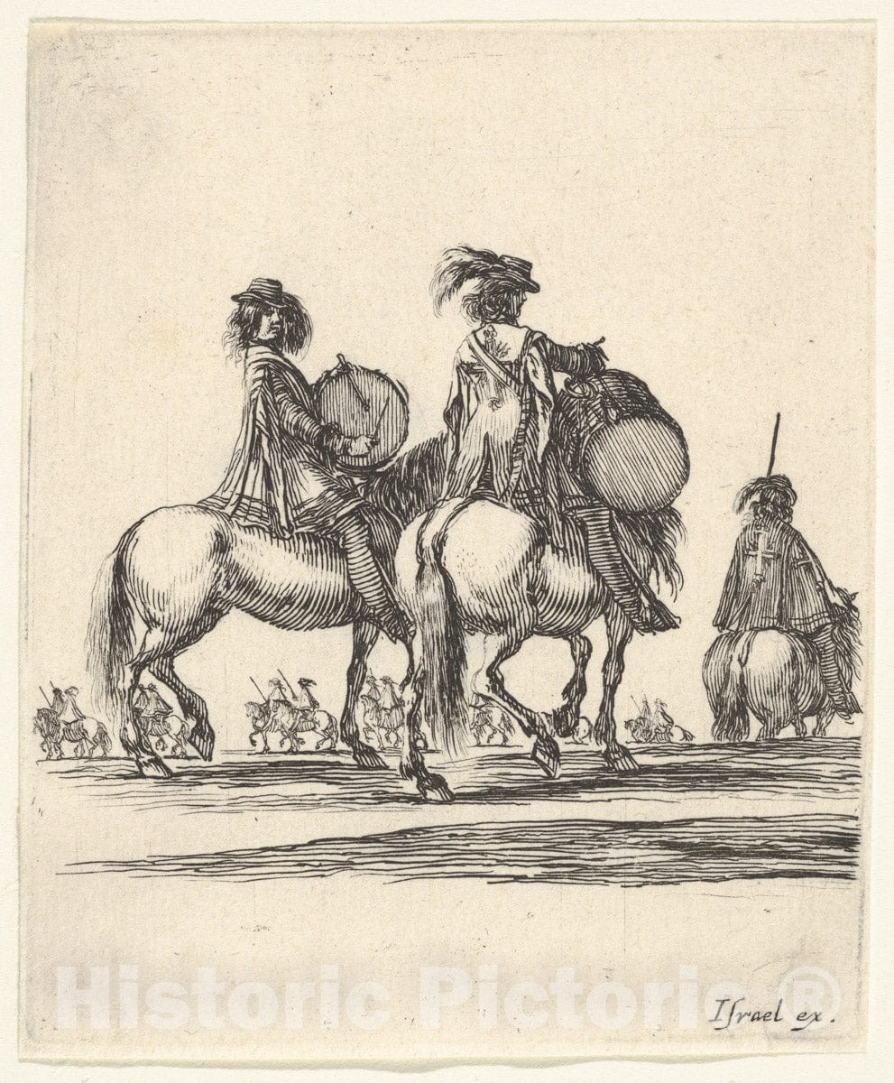 Art Print : Two muskateers with Drums on Horseback Following a Procession to The Right - Artist: Stefano Della Bella - Created: c1642 : Vintage Wall Art