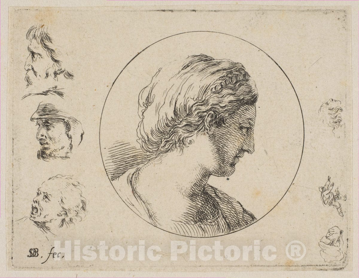 Art Print : Plate 4: Head of a Woman in Profile - Artist: Stefano Della Bella - Created: c1646 : Vintage Wall Art