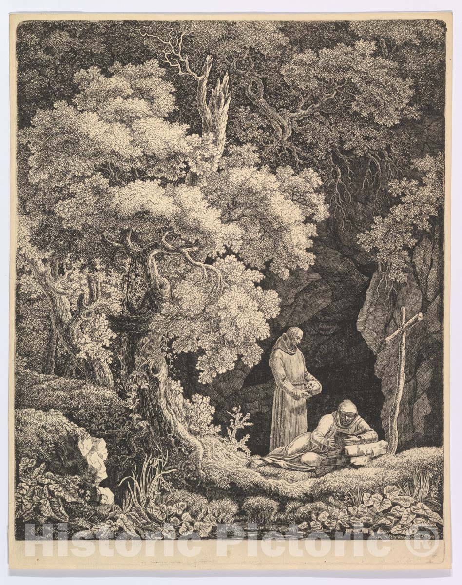 Art Print : Carl Baron von Vittinghoff - Two Monks in Contemplation in a Forest : Vintage Wall Art