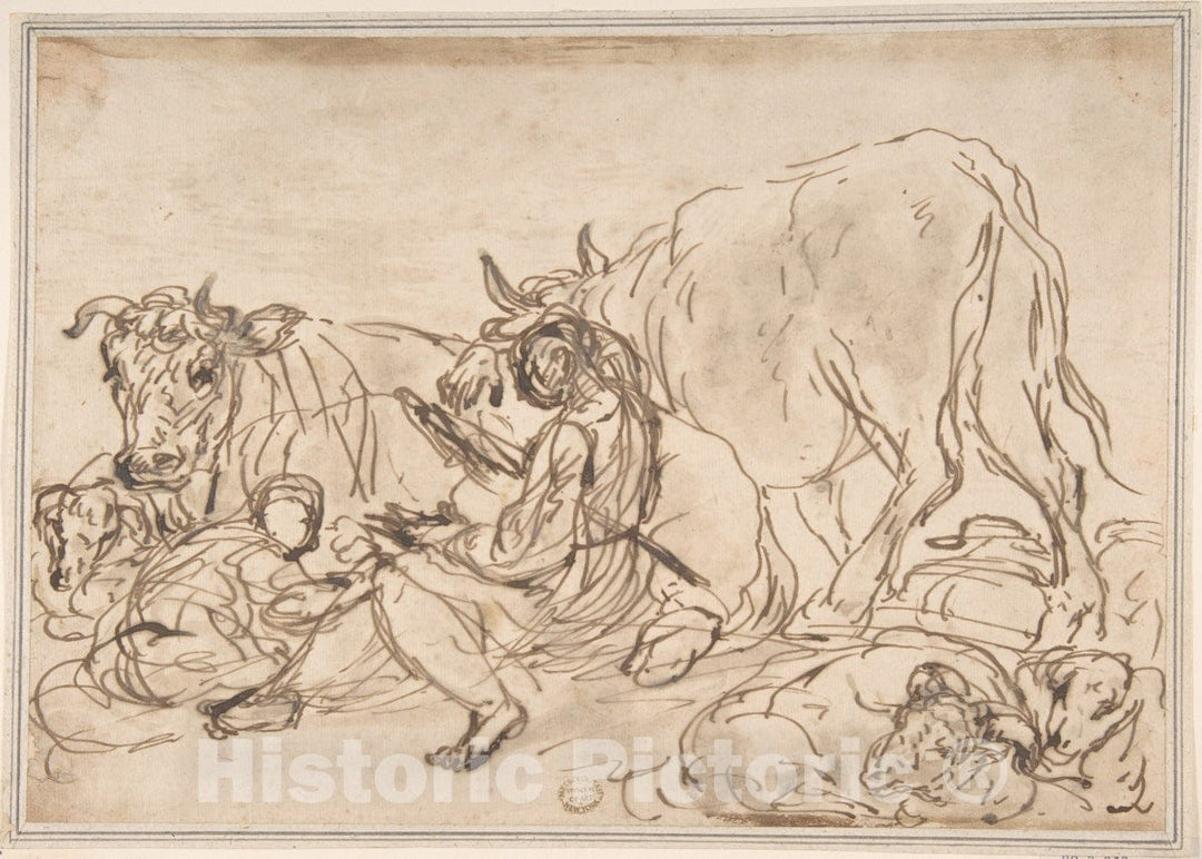 Art Print : Italian, Roman-Bolognese, 17th Century - Figures with Cattle : Vintage Wall Art